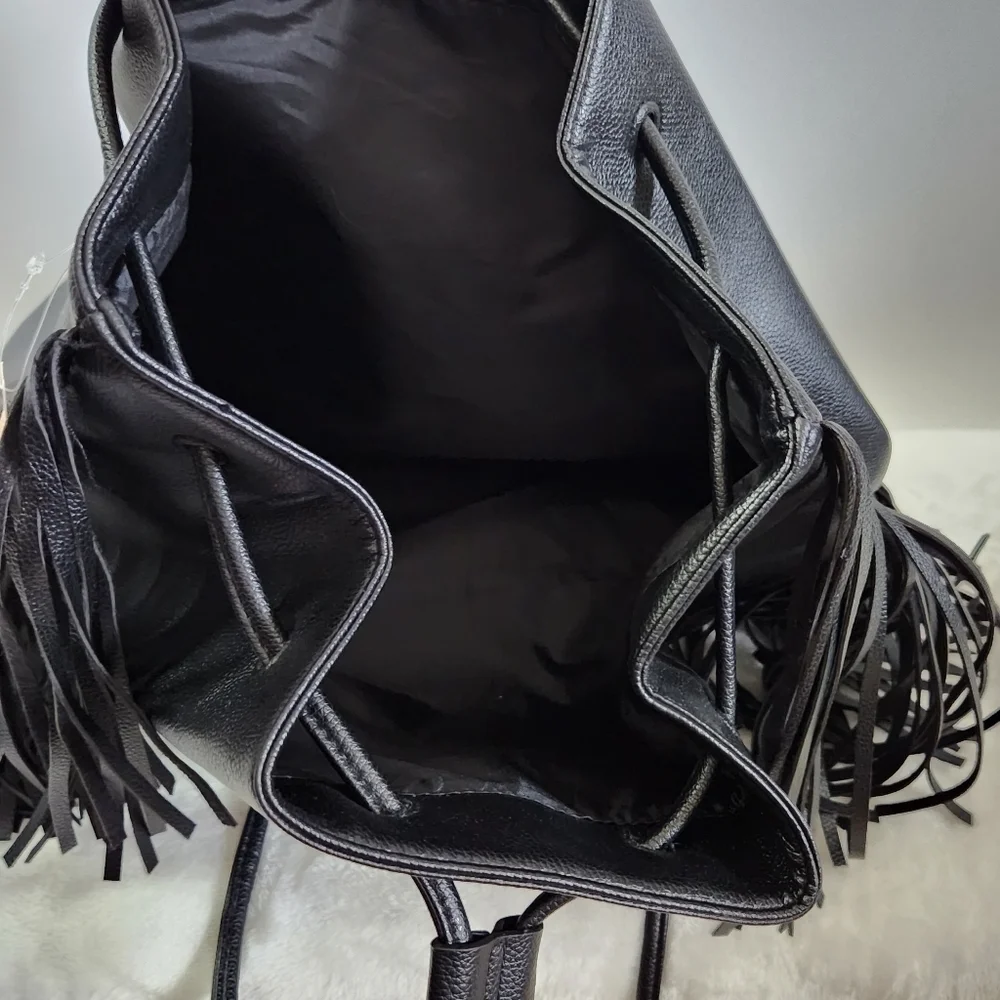 Victoria's Secret VS Black Faux Leather Western Boho Fringe Backpack NWT - Picture 13 of 16